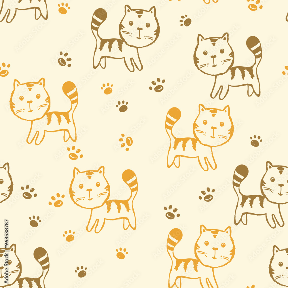 Seamless pattern with cute kitten print. Different scandy cats on color background. Scandinavian style illustration for kids. Vector illustration for fabric, textile, wallpaper, home clothing, pajama Seamless pattern with cute kitten print. Different scandy cats on color background. Scandinavian style illustration for kids. Vector illustration for fabric, textile, wallpaper, home clothing, pajama