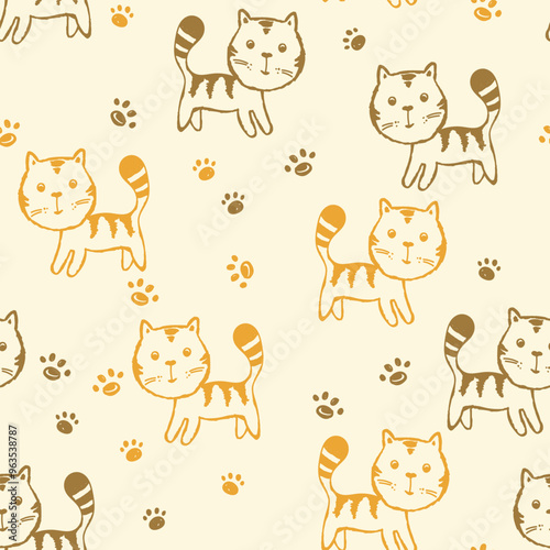 Seamless pattern with cute kitten print. Different scandy cats on color background. Scandinavian style illustration for kids. Vector illustration for fabric, textile, wallpaper, home clothing, pajama