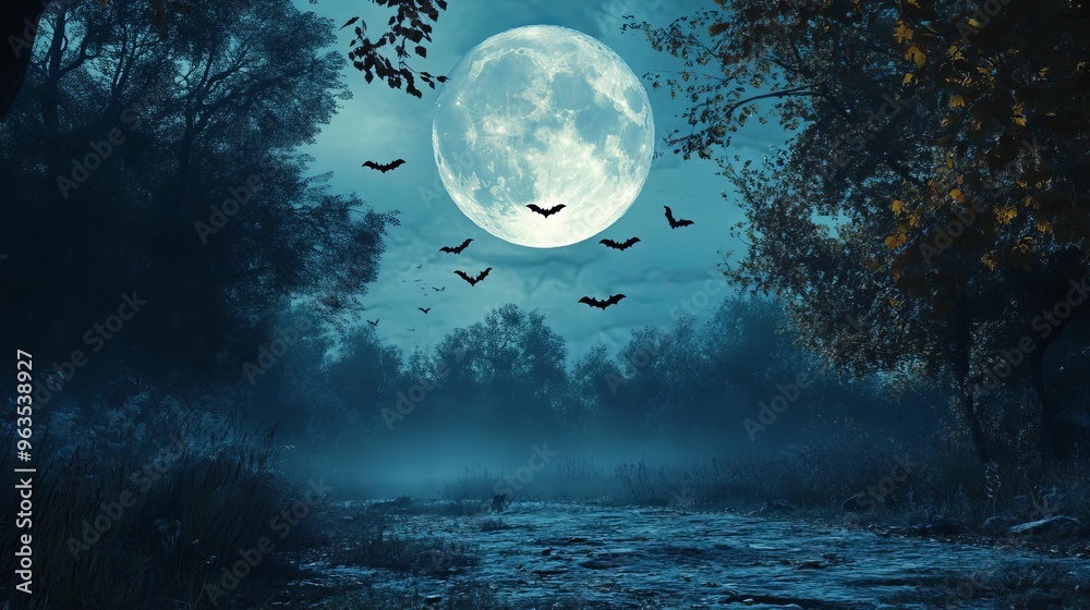 A full moon illuminating a creepy forest clearing with bats flying overhead A full moon illuminating a creepy forest clearing with bats flying overhead