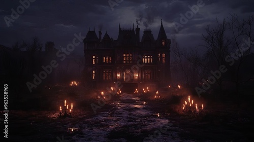 A haunted Victorian mansion with flickering candles, perfect for a Halloween backdrop focus on, eerie elegance realistic, ethereal Multilayer Mansion backdrop