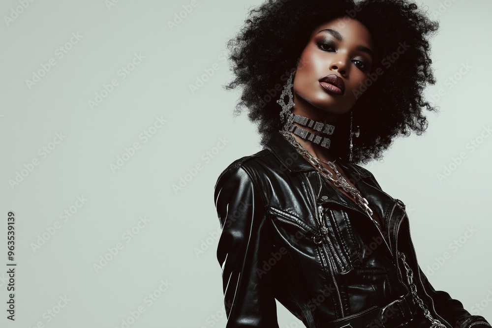 A woman wearing a black leather jacket and a necklace