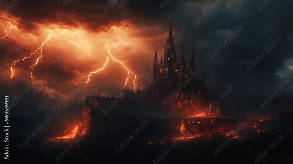 Fototapeta premium A vampire's castle with towering spires and a lightning-filled sky, ideal for a Halloween backdrop selective focus, dark majesty realistic, vibrant Overlay Castle backdrop