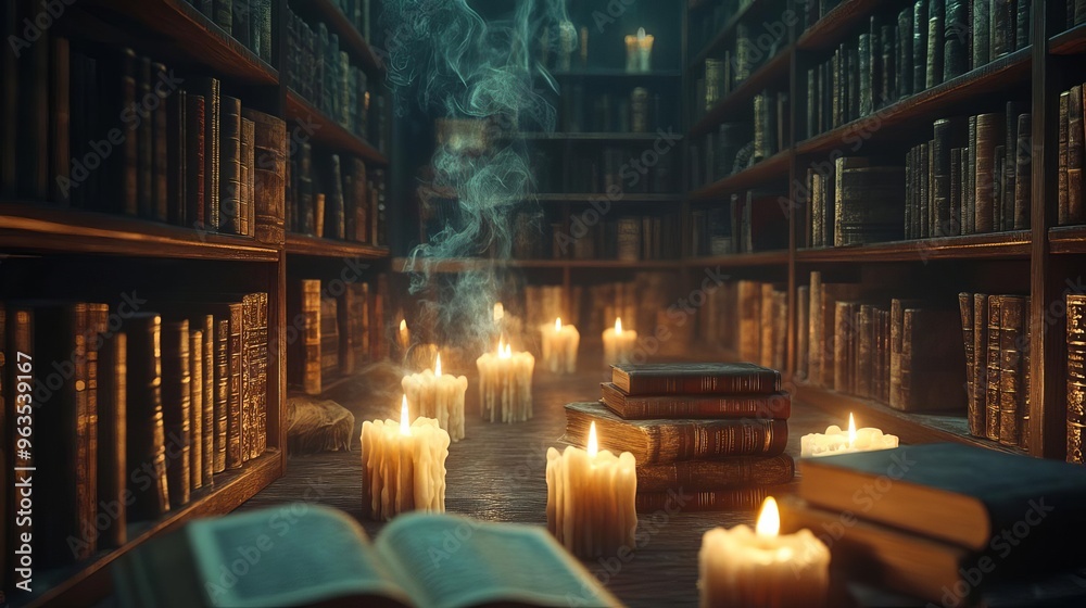 A spooky library with ancient books and floating candles, ideal for a Halloween backdrop selective focus, haunted knowledge realistic, ethereal Overlay Library backdrop A spooky library with ancient books and floating candles, ideal for a Halloween backdrop selective focus, haunted knowledge realistic, ethereal Overlay Library backdrop