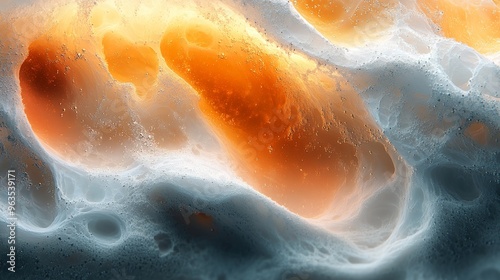 A colorful, abstract painting of a space with a lot of orange and white swirls