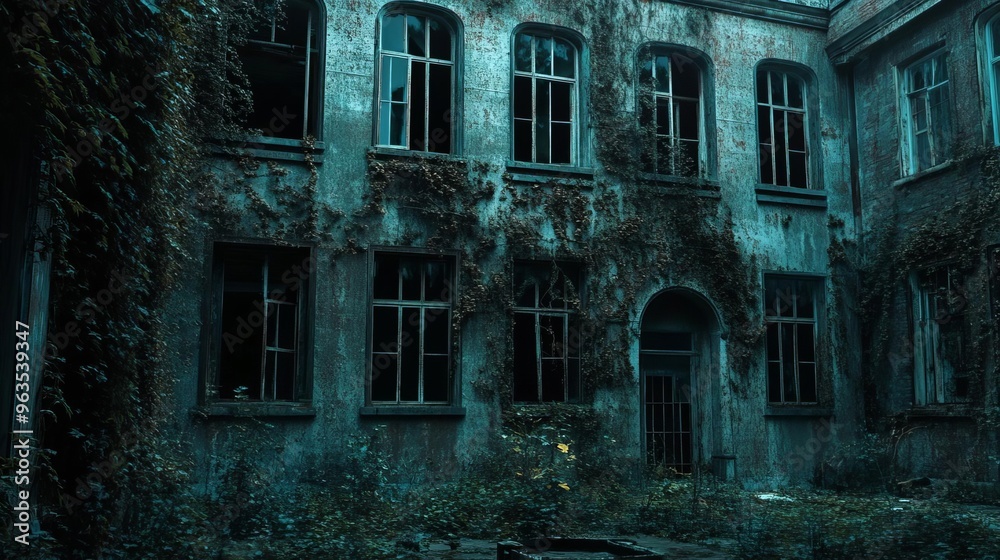 Fototapeta premium A creepy abandoned asylum with broken windows and overgrown vines, designed for a Halloween backdrop close up, sinister mood realistic, dynamic Composite Asylum backdrop