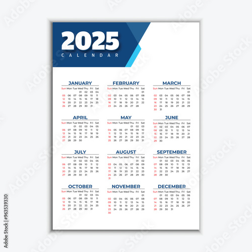 New modern minimalist 2025 calendar design template for corporate, business, company, and office 
scheduling.