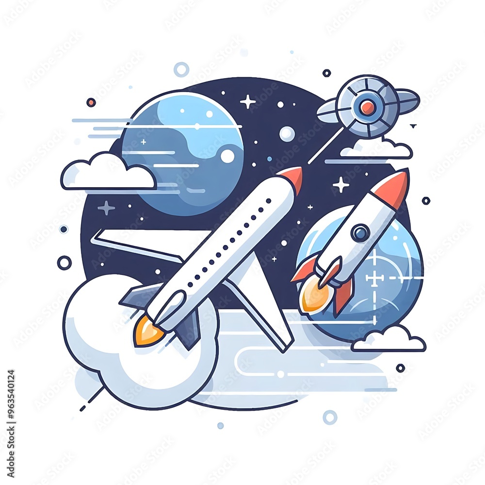 Naklejka premium Aerospace Engineering, flat illustration vector image of an airplane, rocket, and orbiting satellite, placed on a solid white background for graphics resources, engineering educational category