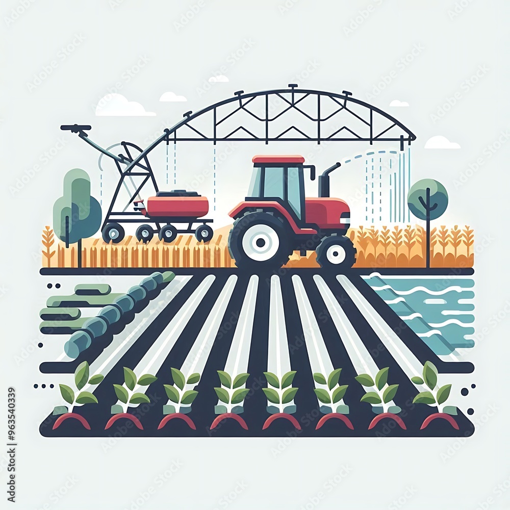 Fototapeta premium Agricultural Engineering, A flat illustration vector image of a tractor, crops, and irrigation system, placed on a solid white background. for graphics resources, engineering educational category