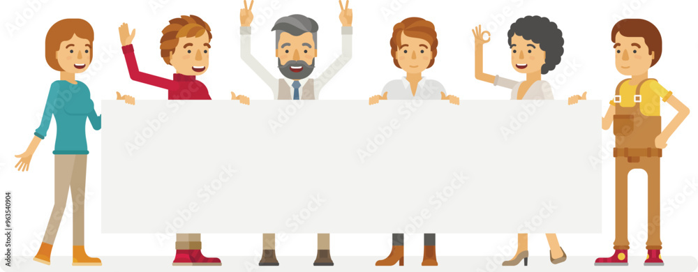 Various people holding banner vector concept in flat style Various people holding banner vector concept in flat style