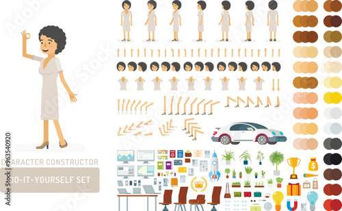 Vector young adult woman in dress do-it-yourself creation kit. Full length, gestures, emotions - all character constructor elements for building your own design for infographic illustrations.
