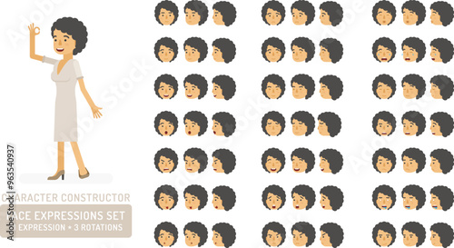 Vector young adult woman in dress character face expressions set in flat style: front, half-side and side view.