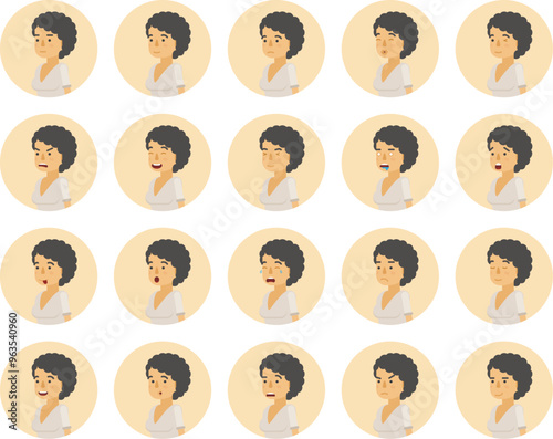 Vector young adult woman avatars and emoticons set in flat style, side view.