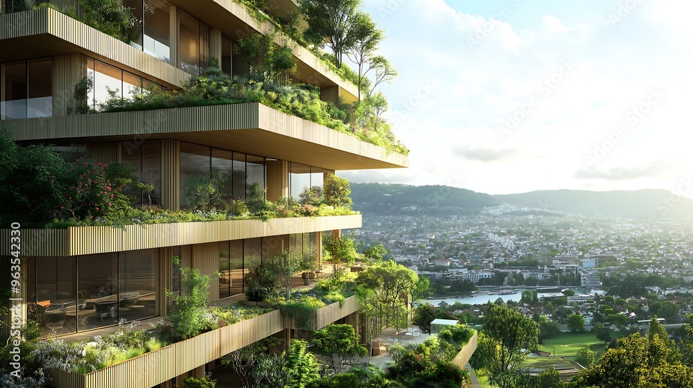 Modern urban structures like veranda and green spaces. Realistic cityscape in the background, with natural elements like trees, and vegetation Modern urban structures like veranda and green spaces. Realistic cityscape in the background, with natural elements like trees, and vegetation
