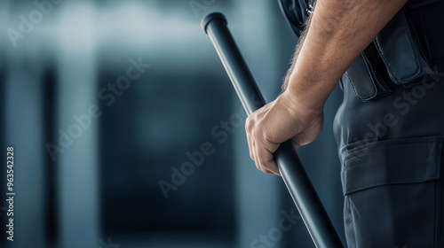 Police Equipment: Detailed View of a Black Baton in the Hands of an Officer, Representing Security and Safety Measures in Law Enforcement. photo