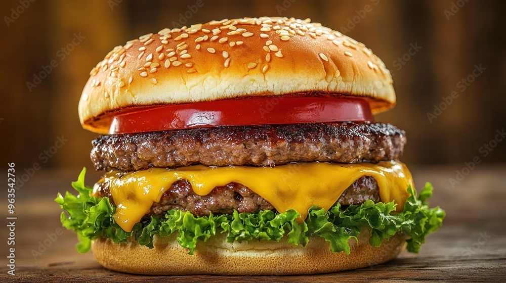 Juicy Double Cheeseburger with Sesame Seed Bun and Lettuce Juicy Double Cheeseburger with Sesame Seed Bun and Lettuce