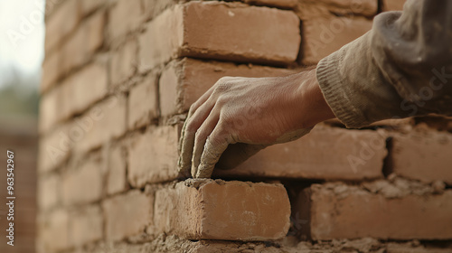 Professional Bricklaying: Detailed View of a Worker’s Hand Applying Cement to Bricks, Demonstrating Skilled Masonry and Construction Techniques. photo