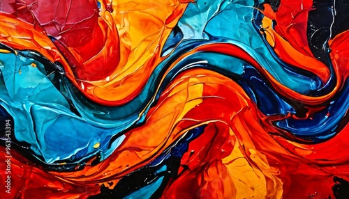 An abstract painting featuring swirling patterns in bright colors like red, blue, and orange. The thick, textured strokes create a dynamic and energetic composition, perfect for modern art enthusiasts photo