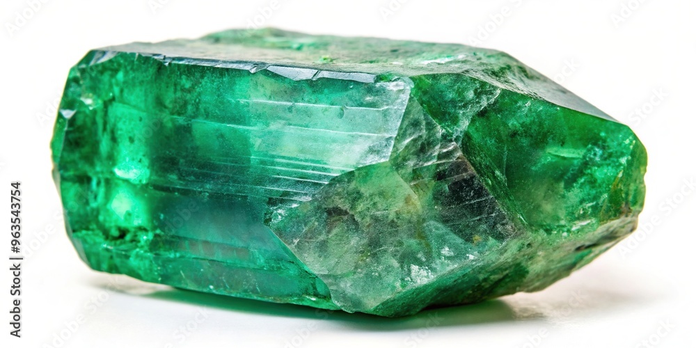 Natural rough emerald green beryl gemstone with its raw beauty and vibrant color placed on a white background, emerald, close-up, low angle, valuable, raw, gemstone background Natural rough emerald green beryl gemstone with its raw beauty and vibrant color placed on a white background, emerald, close-up, low angle, valuable, raw, gemstone background
