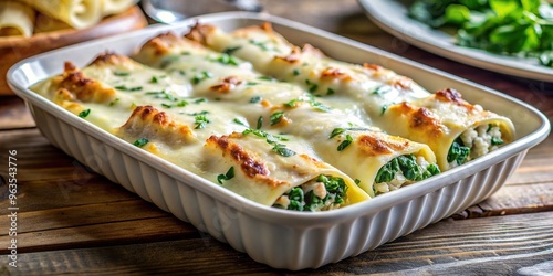 A close up photo showcasing a mouthwatering dish of cannelloni with a filling of creamy spinach and ricotta baked in a rich and silky b?chamel sauce, cannelloni, Italian dish, oven-baked photo