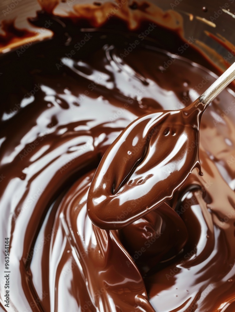 A spoonful of chocolate is being scooped out of a bowl of chocolate. The chocolate is thick and rich, and the spoon is almost completely covered in it. Concept of indulgence and pleasure A spoonful of chocolate is being scooped out of a bowl of chocolate. The chocolate is thick and rich, and the spoon is almost completely covered in it. Concept of indulgence and pleasure