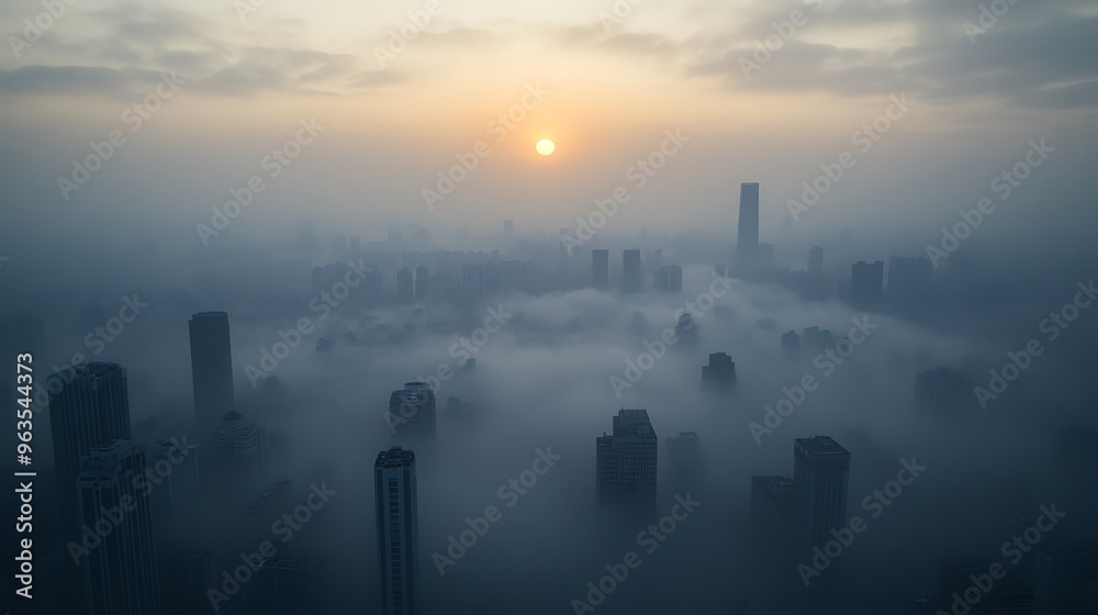A city skyline shrouded in thick smog with the sun barely visible, showing the effects of rising pollution and greenhouse gases on urban environments. A city skyline shrouded in thick smog with the sun barely visible, showing the effects of rising pollution and greenhouse gases on urban environments.