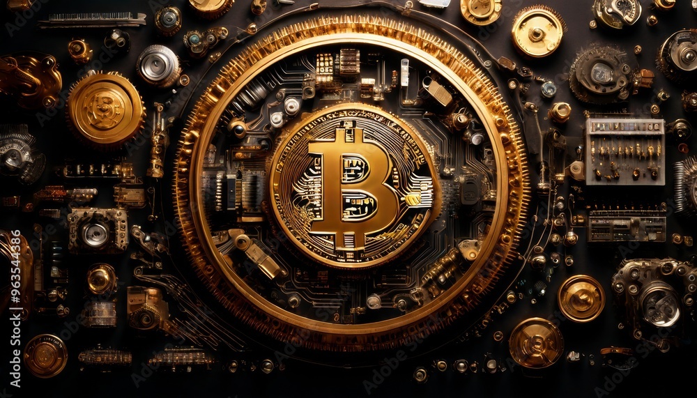 Fototapeta premium A Bitcoin coin integrated with circuit board elements, symbolizing the connection between cryptocurrency and technology. Ideal for topics on blockchain, digital finance, and modern investment.. AI