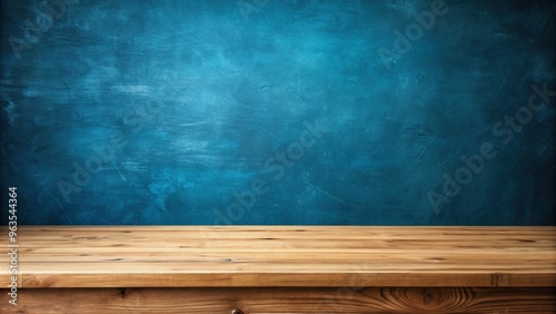 An empty wooden table is situated on a blue chalkboard background, wall, simplicity, workspace,empty, dining, kitchen, wooden table, creativity, vintage, blue chalkboard, education