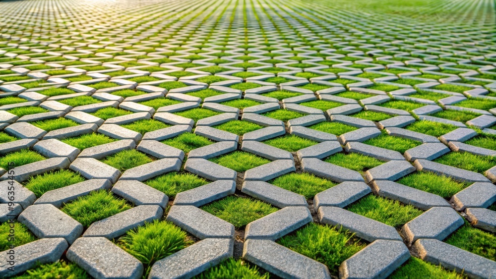 Fototapeta premium Geometric eco floor bricks with lush green grass texture in parking area