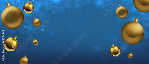 Christmas banner design with gold ornaments and blue background with copy space