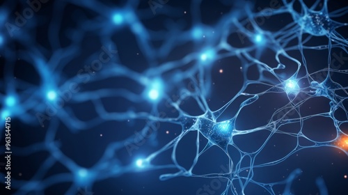 Abstract image of neural connections on blue background. Technological background for a design on the theme of artificial intelligence, big date, neural connections