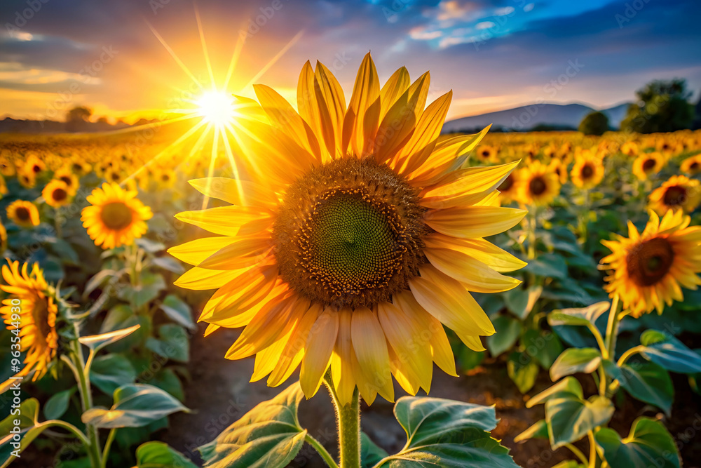 Fototapeta premium A sunflower is the center of attention in a field of sunflowers. The sun is shining brightly, casting a warm glow on the flowers. Concept of peace and tranquility, as the sunflower stands tall