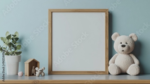 Empty Picture Frame with Teddy Bear and Plants on a Wooden Shelf