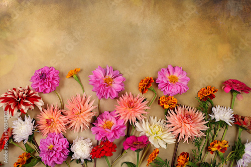 Abstract floral composition, flat lay, autumn banner for advertising, Flowers dahlias, asters, buttercups on old concrete background, rustic style, holiday card, selective focus. photo