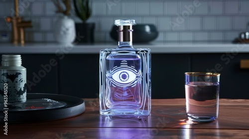 23071401 12 12. Beautiful Halloween-themed bottle with a mystical eye motif, glowing with an eerie light, unique and perfect for display photo