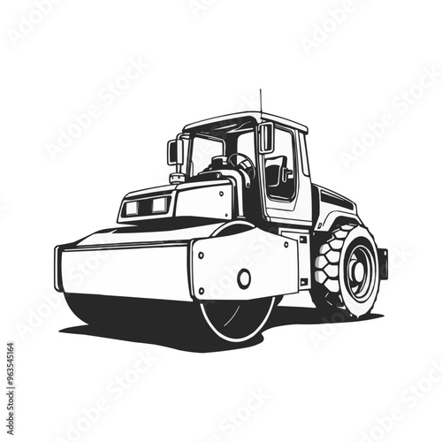 Road Roller vector artwork. Steamroller black and white clip art silhouette. Roller editable logo design