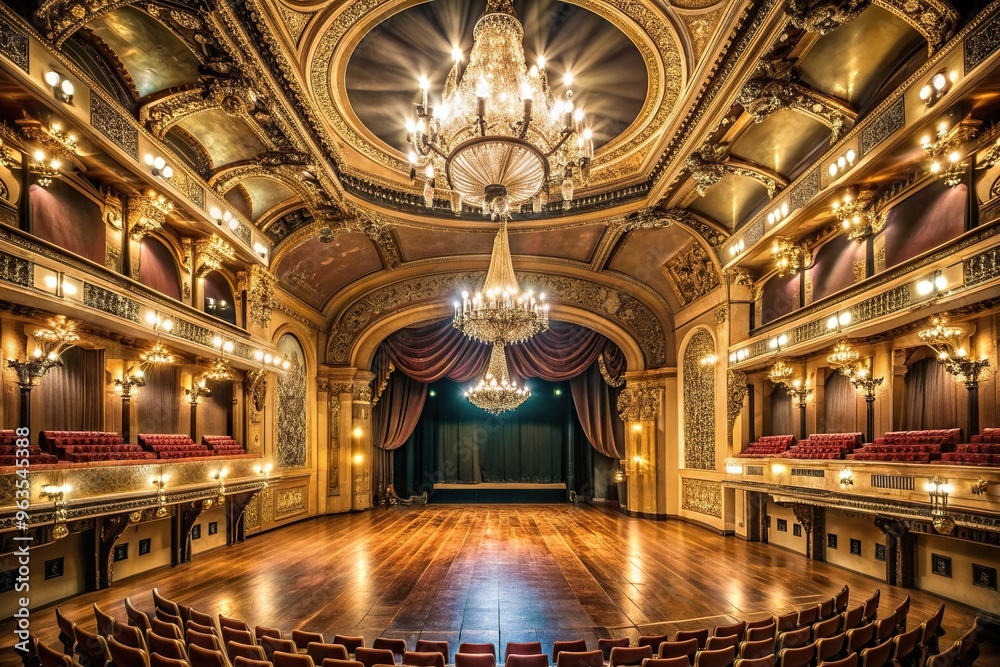 Obraz premium Opulent theater hall with lit chandeliers and stage Aerial, magnificent, opulence, concert,theater hall, auditorium, rich, lights, ambiance, luxurious, architecture, chandeliers