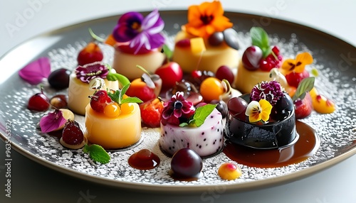 An exquisite plate of desserts decorated with flowers on the top, paired with a variety of fruits and a thick sauce to create a delicious and tempting visual effect