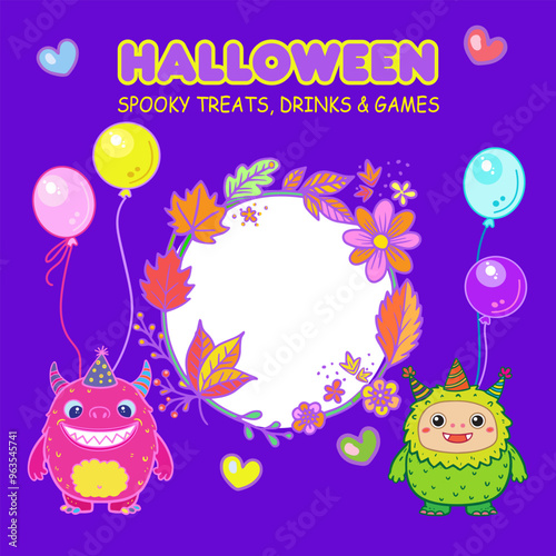 Cute little monsters with balloons runs hurries to a birthday party brings gift to a friend set Cheerful ghosts in costumes for Happy Halloween Dance party sign for invitation card book cover cartoon
