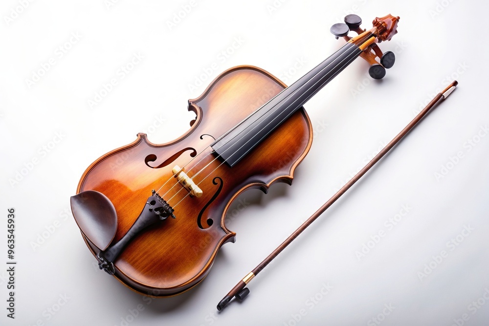 Fototapeta premium white background, antique, string instrument, wooden, instrument, strings, brown, orchestra, musical, Classical brown violin and bow lying beside isolated on white background High Angle