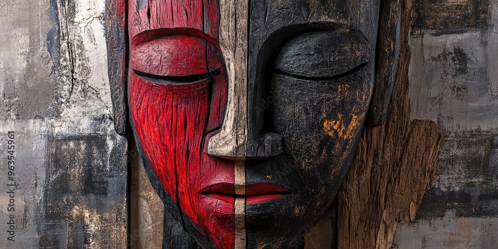 Abstract wooden face sculpture with red and black accents on a textured background. AI generated illustration. Abstract wooden face sculpture with red and black accents on a textured background. AI generated illustration.