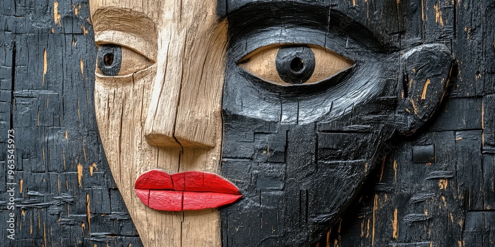 Abstract wooden face sculpture with red and black accents on a textured background. AI generated illustration. Abstract wooden face sculpture with red and black accents on a textured background. AI generated illustration.