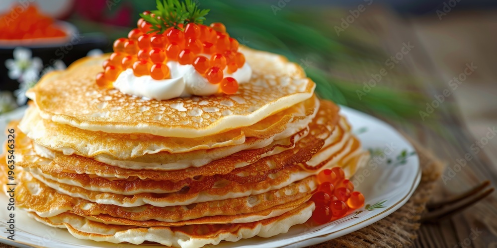 A stack of pancakes with a dollop of cream and a garnish of red berries. The pancakes are piled high on a white plate, creating a sense of abundance and indulgence. The red berries add a pop of color A stack of pancakes with a dollop of cream and a garnish of red berries. The pancakes are piled high on a white plate, creating a sense of abundance and indulgence. The red berries add a pop of color