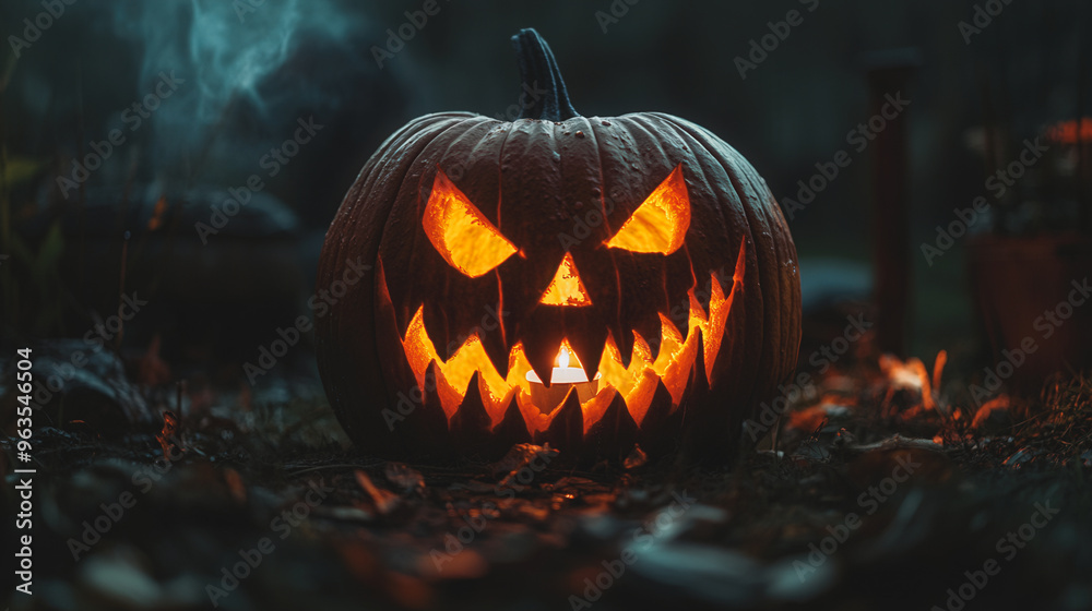 Close-up of a carved Jack-o'-lantern with an eerie grin, glowing in the dark with a candle inside, surrounded by fog and fallen leaves. Close-up of a carved Jack-o'-lantern with an eerie grin, glowing in the dark with a candle inside, surrounded by fog and fallen leaves.