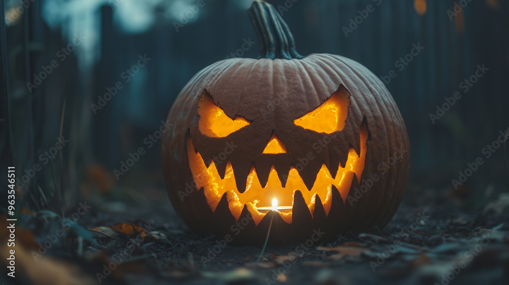 Scary Jack-o'-lantern glowing with a menacing grin in the dark, illuminated by a candle, placed outdoors with fallen leaves around. Scary Jack-o'-lantern glowing with a menacing grin in the dark, illuminated by a candle, placed outdoors with fallen leaves around.