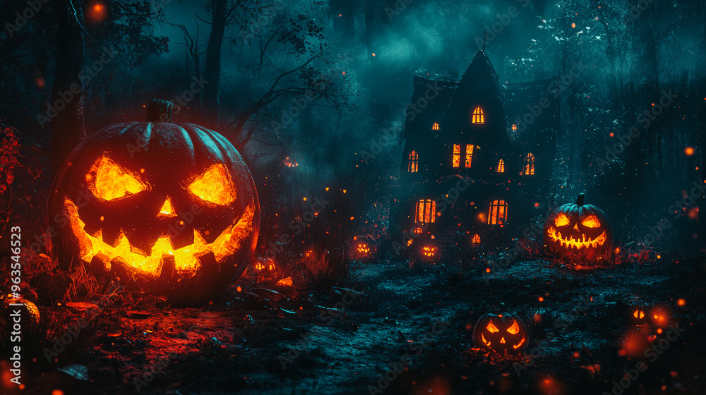 Glowing Jack-o'-lanterns in a dark, foggy forest with a haunted house in the background, creating a spooky Halloween scene Glowing Jack-o'-lanterns in a dark, foggy forest with a haunted house in the background, creating a spooky Halloween scene