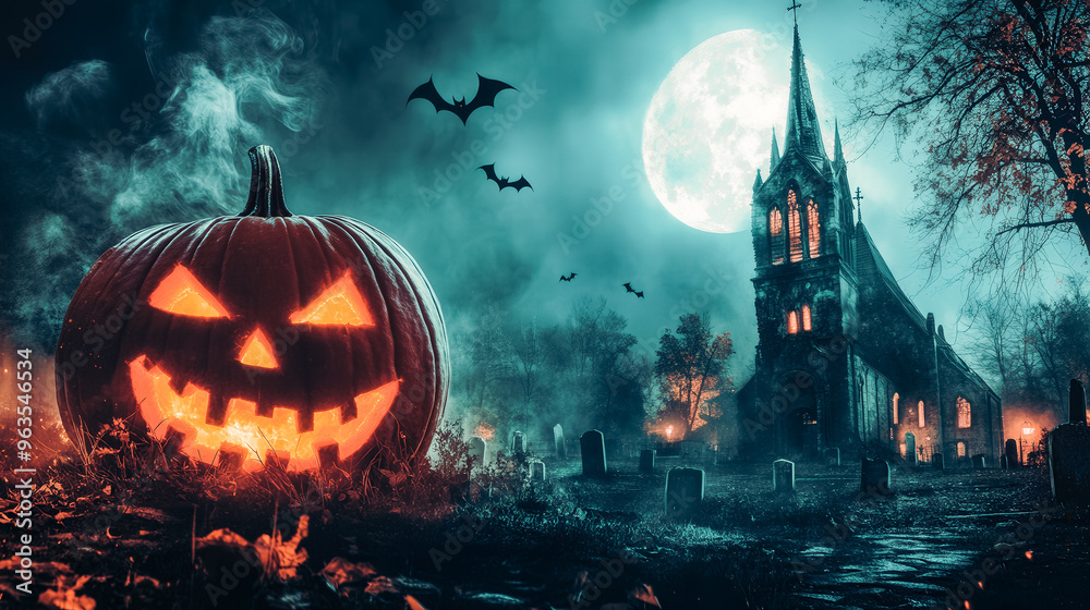 A glowing Jack-o'-lantern in a foggy graveyard beside a haunted church, with bats flying under a full moon A glowing Jack-o'-lantern in a foggy graveyard beside a haunted church, with bats flying under a full moon