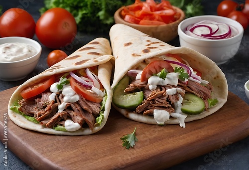 Doner kebab with grilled chicken meat and vegetables in pita bread