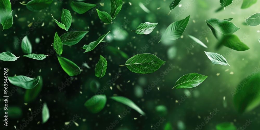 A leafy green forest with leaves falling from the trees. The leaves are scattered all over the ground, creating a sense of movement and life. The image conveys a feeling of tranquility A leafy green forest with leaves falling from the trees. The leaves are scattered all over the ground, creating a sense of movement and life. The image conveys a feeling of tranquility