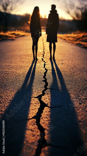 Silhouette of two figures on a cracked road at sunset, symbolizing distance and companionship in a serene landscape.
