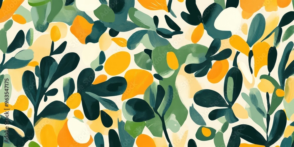 Abstract pattern featuring green and yellow floral shapes, creating a vibrant and colorful design. AI generated illustration. Abstract pattern featuring green and yellow floral shapes, creating a vibrant and colorful design. AI generated illustration.